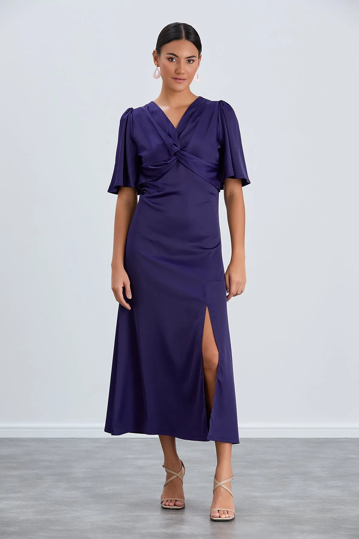 Angel Sleeve Twist Midi Dress with Slit in Sax