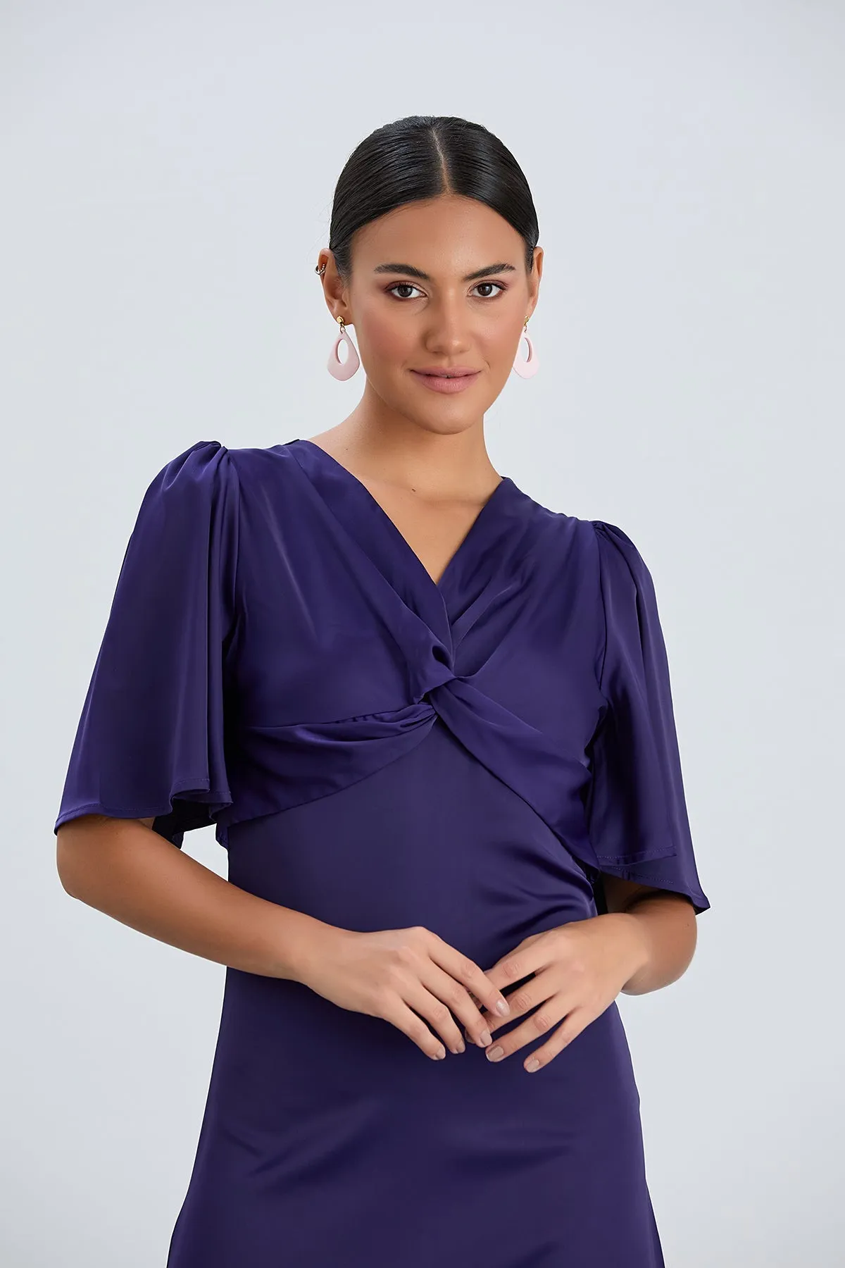 Angel Sleeve Twist Midi Dress with Slit in Sax