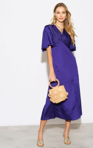 Angel Sleeve Twist Midi Dress with Slit in Sax