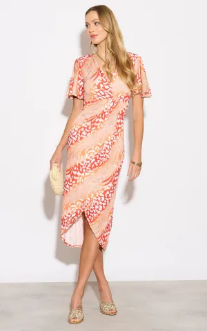 Angel Sleeve Wrap Style Midi Dress in Orange Animal print