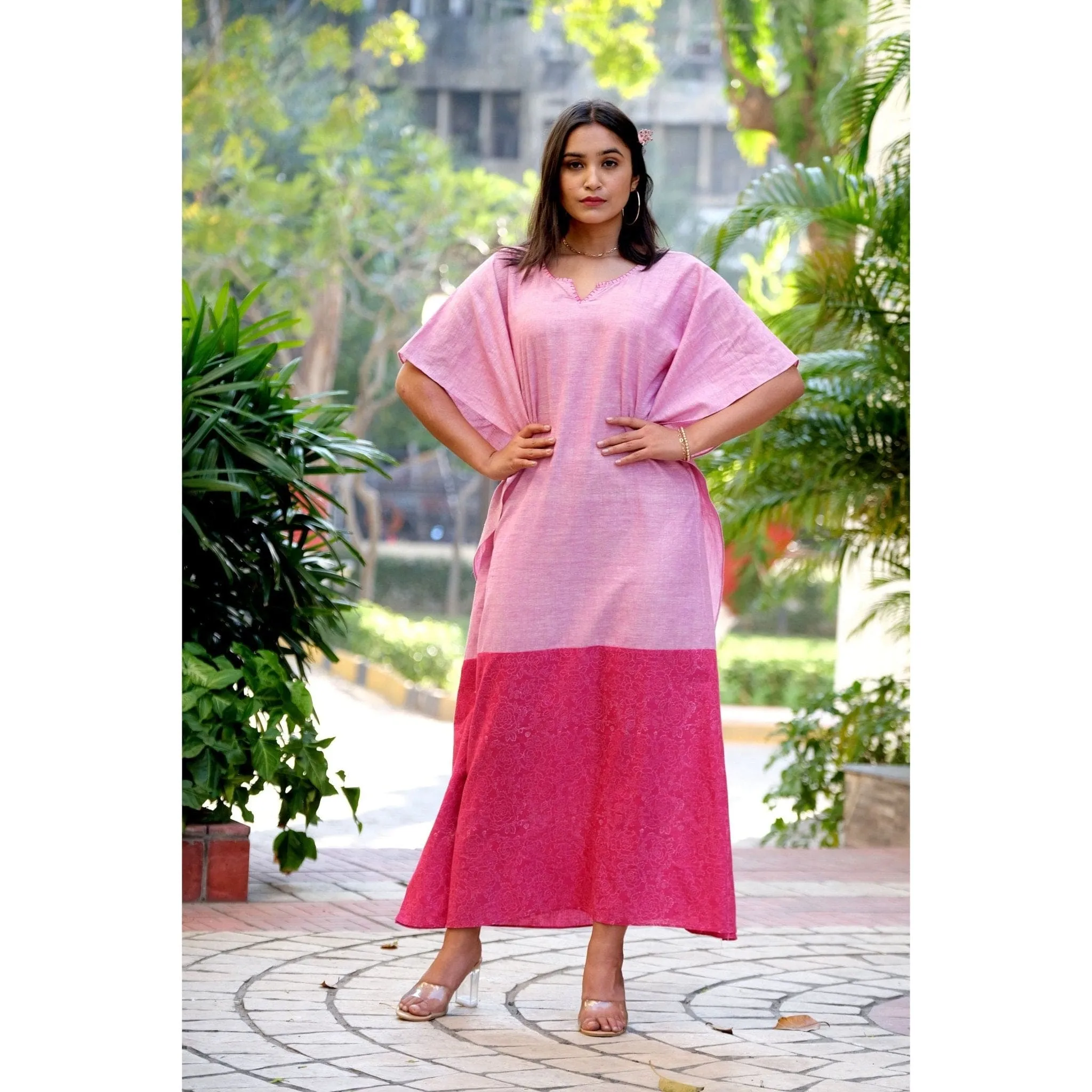 Block Print Cotton Kaftan - Pink