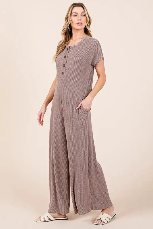 BOMBOM Rib Knit Jumpsuit with Button Detail In Mocha