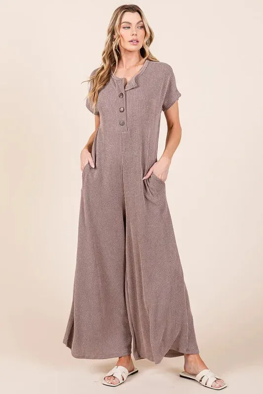 BOMBOM Rib Knit Jumpsuit with Button Detail In Mocha