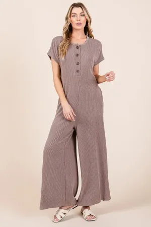 BOMBOM Rib Knit Jumpsuit with Button Detail In Mocha