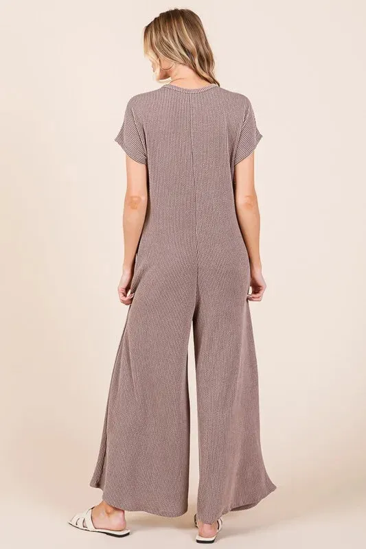 BOMBOM Rib Knit Jumpsuit with Button Detail In Mocha
