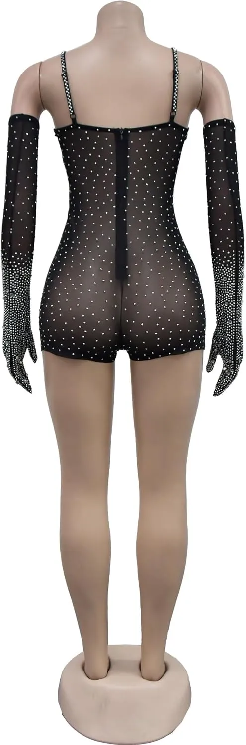 CHYBIGU Sexy Bodycon Jumpsuits Rompers for Women Clubwear Elegant Sparkly One Piece Bodysuits with Gloves
