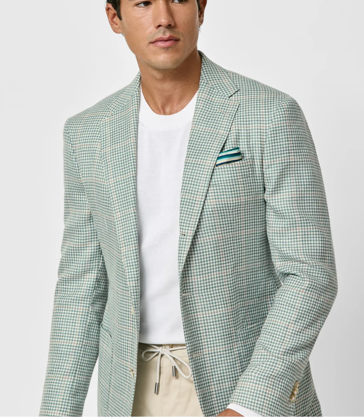 Drago Light Green & Ivory Wool, Silk & Linen Lightweight Houndstooth with Sand Windowpane