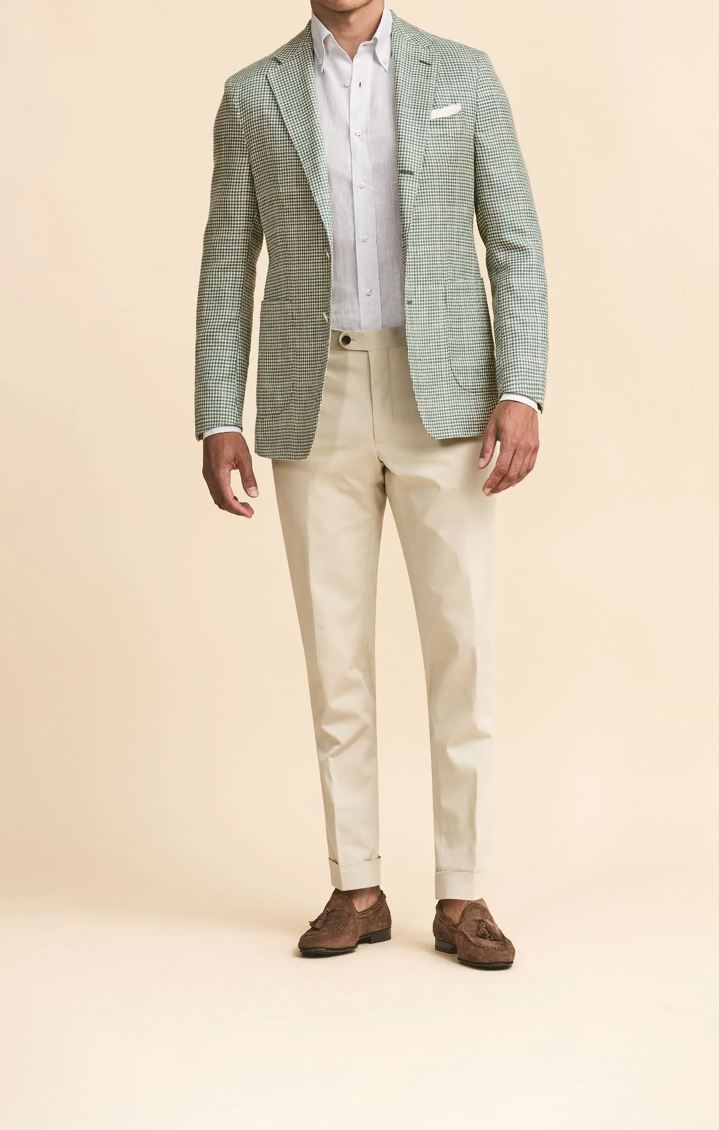Drago Light Green & Ivory Wool, Silk & Linen Lightweight Houndstooth with Sand Windowpane