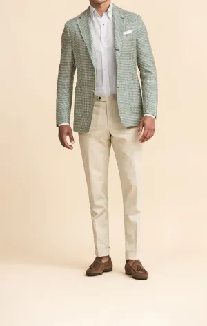 Drago Light Green & Ivory Wool, Silk & Linen Lightweight Houndstooth with Sand Windowpane