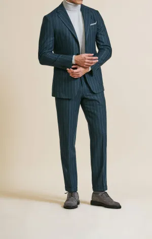 Drago Petrol Natural Bi Stretch S130 Wool Flannel with Chalk Stripe