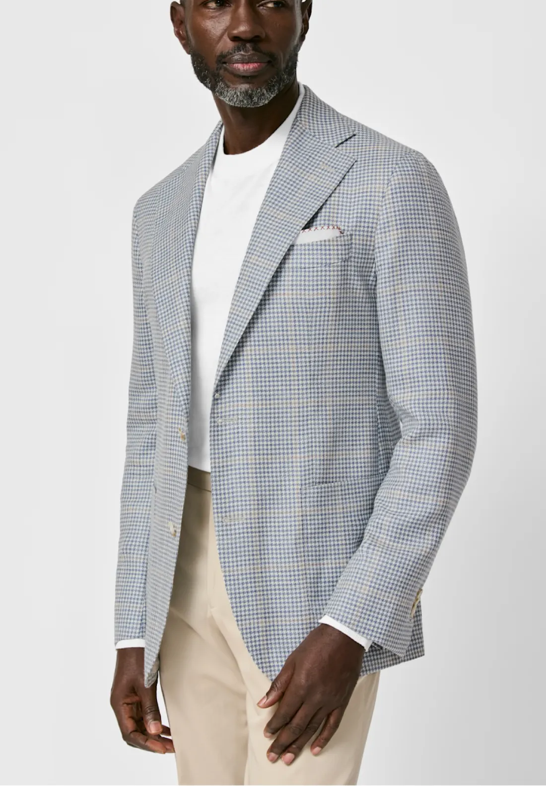 Drago Storm Blue & Ivory Wool, Silk & Linen Lightweight Houndstooth with Sand Windowpane