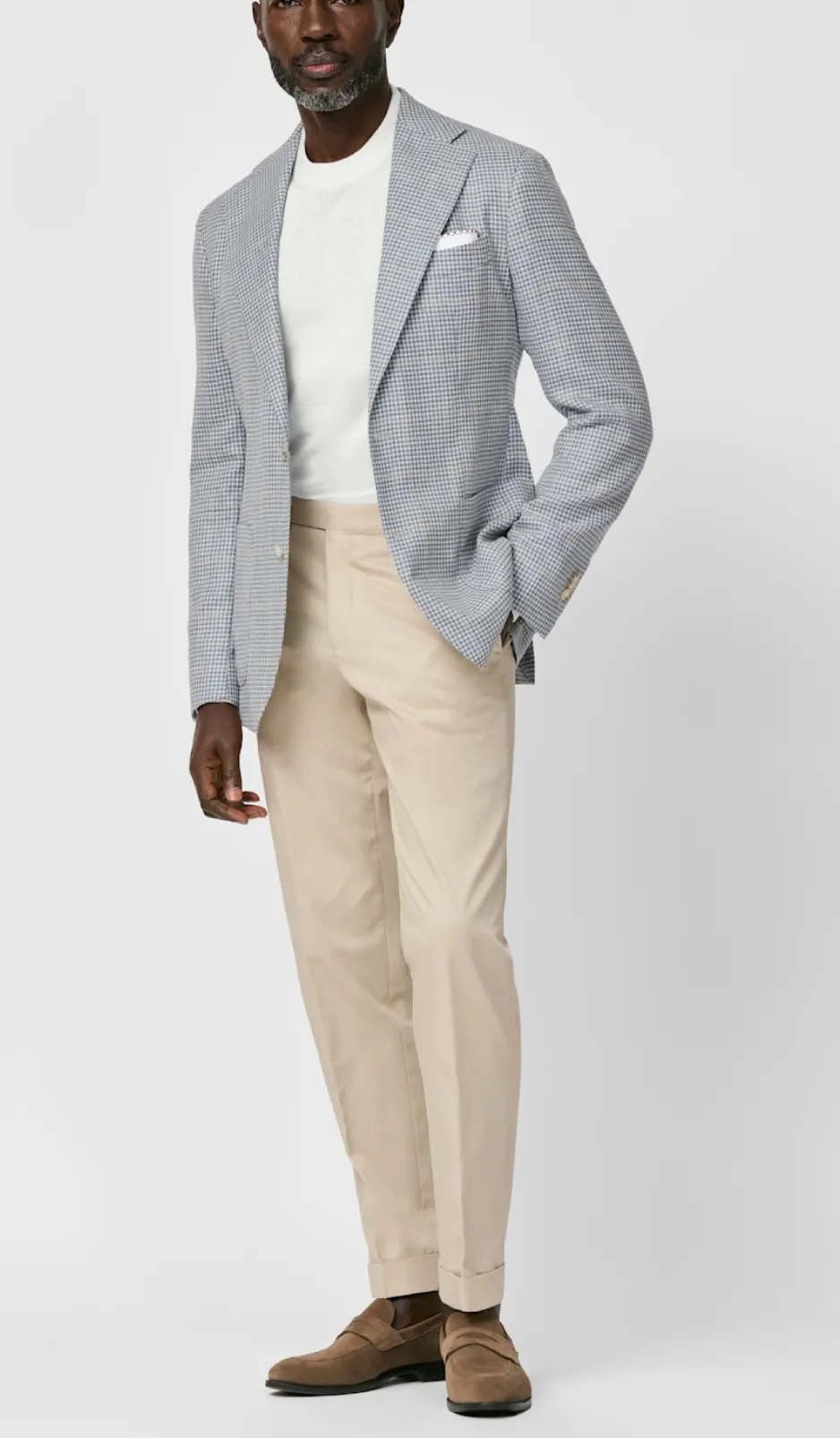 Drago Storm Blue & Ivory Wool, Silk & Linen Lightweight Houndstooth with Sand Windowpane