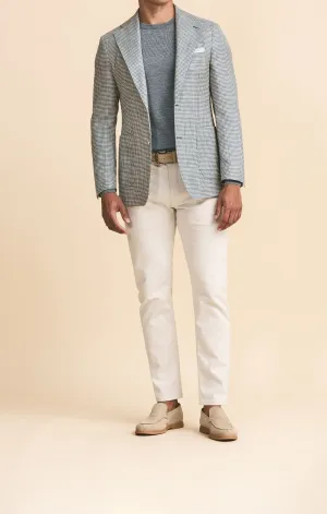 Drago Storm Blue & Ivory Wool, Silk & Linen Lightweight Houndstooth with Sand Windowpane