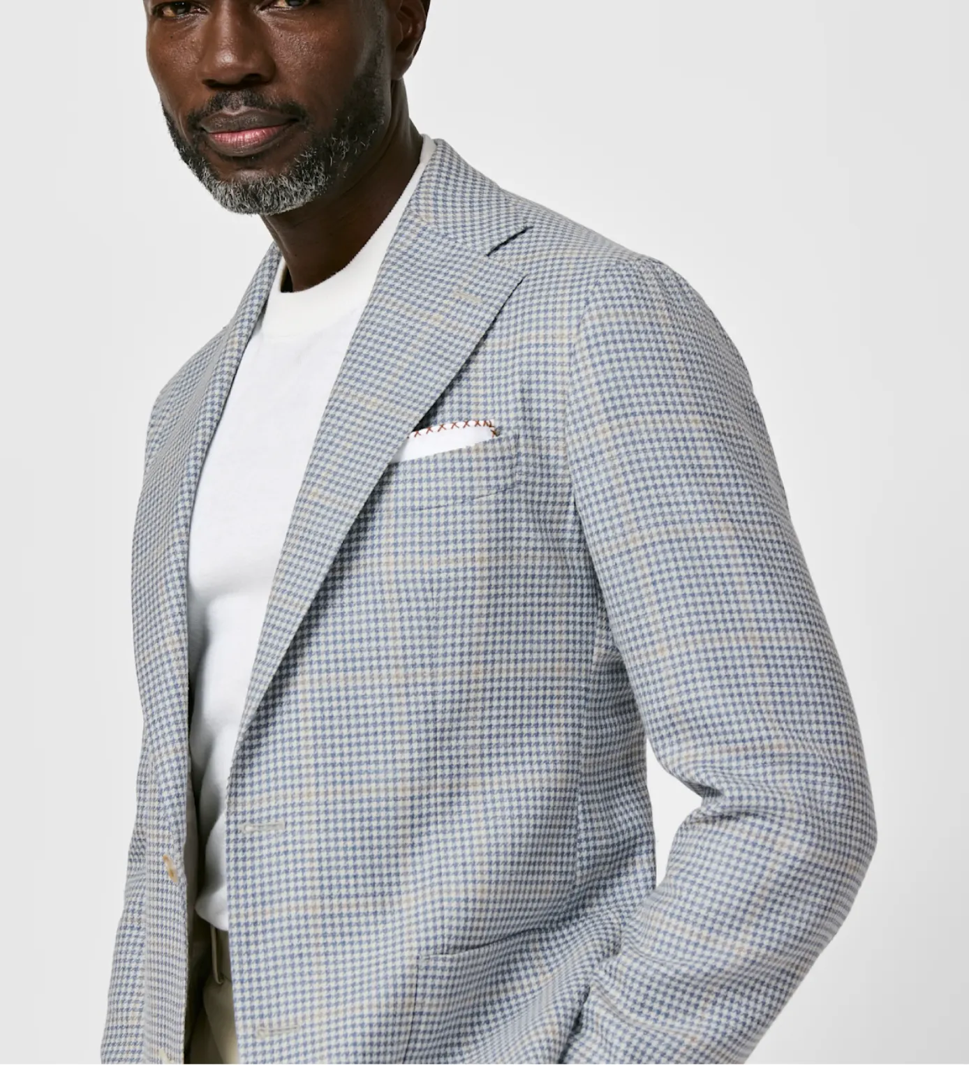 Drago Storm Blue & Ivory Wool, Silk & Linen Lightweight Houndstooth with Sand Windowpane