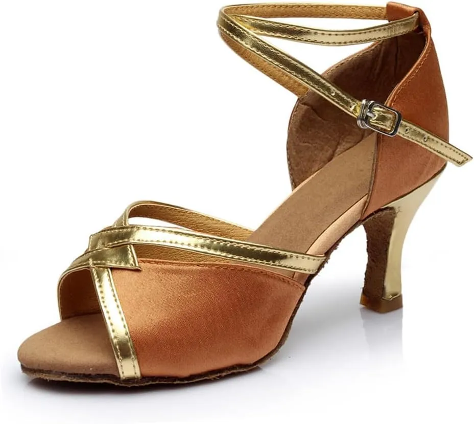 Dress First Dance Shoes Latin Shoes Ballroom Dance Shoes Hollow-Out High Heel Sandals Cross Strap Satin Indoor Dancing Shoes with Buckle, 2.76"