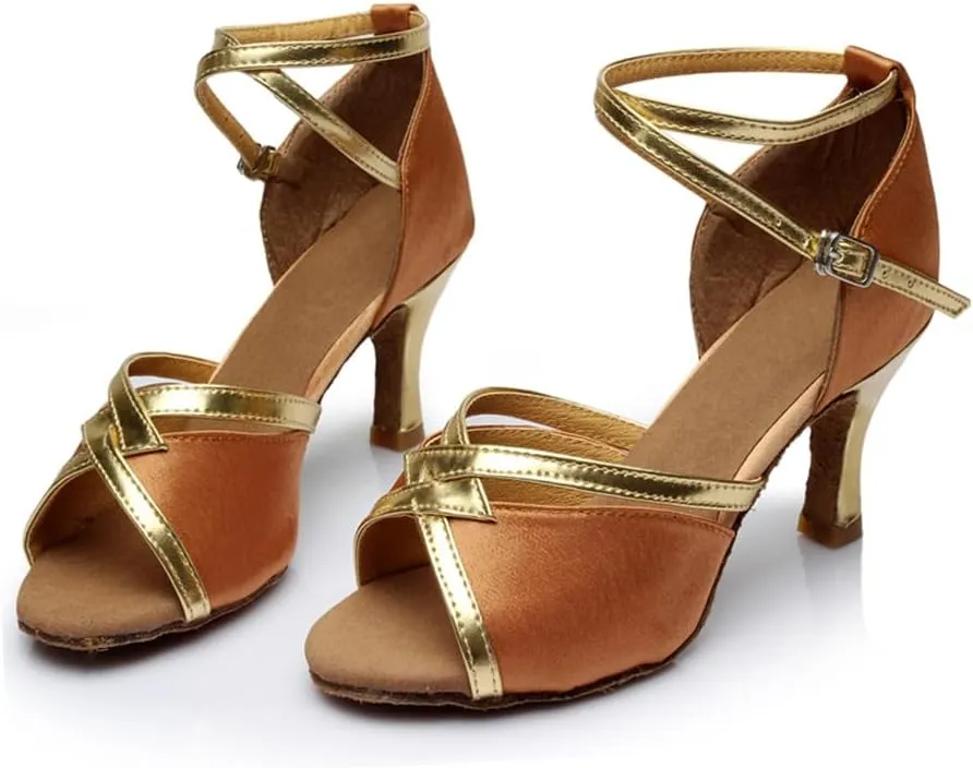Dress First Dance Shoes Latin Shoes Ballroom Dance Shoes Hollow-Out High Heel Sandals Cross Strap Satin Indoor Dancing Shoes with Buckle, 2.76"