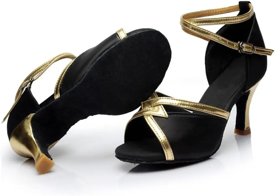 Dress First Dance Shoes Latin Shoes Ballroom Dance Shoes Hollow-Out High Heel Sandals Cross Strap Satin Indoor Dancing Shoes with Buckle, 2.76"