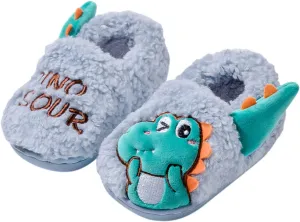 EnJoCho 0-5 Years Kids Cute Dinosaur House Slippers Boys Girls Winter Warm Shoes Non-Slip Home Indoor Slippers (Blue, 2-2.5 Years)