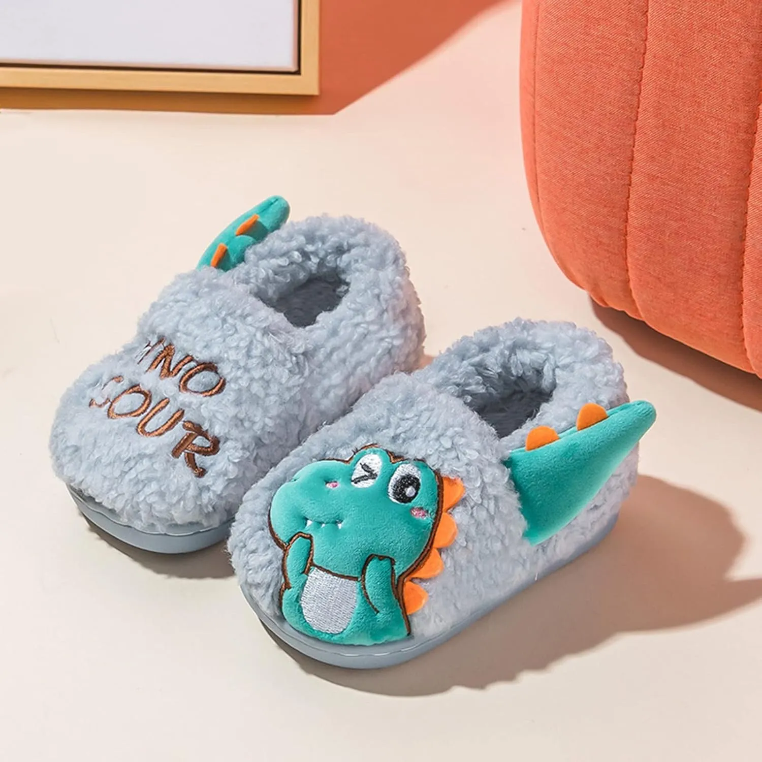 EnJoCho 0-5 Years Kids Cute Dinosaur House Slippers Boys Girls Winter Warm Shoes Non-Slip Home Indoor Slippers (Blue, 2-2.5 Years)