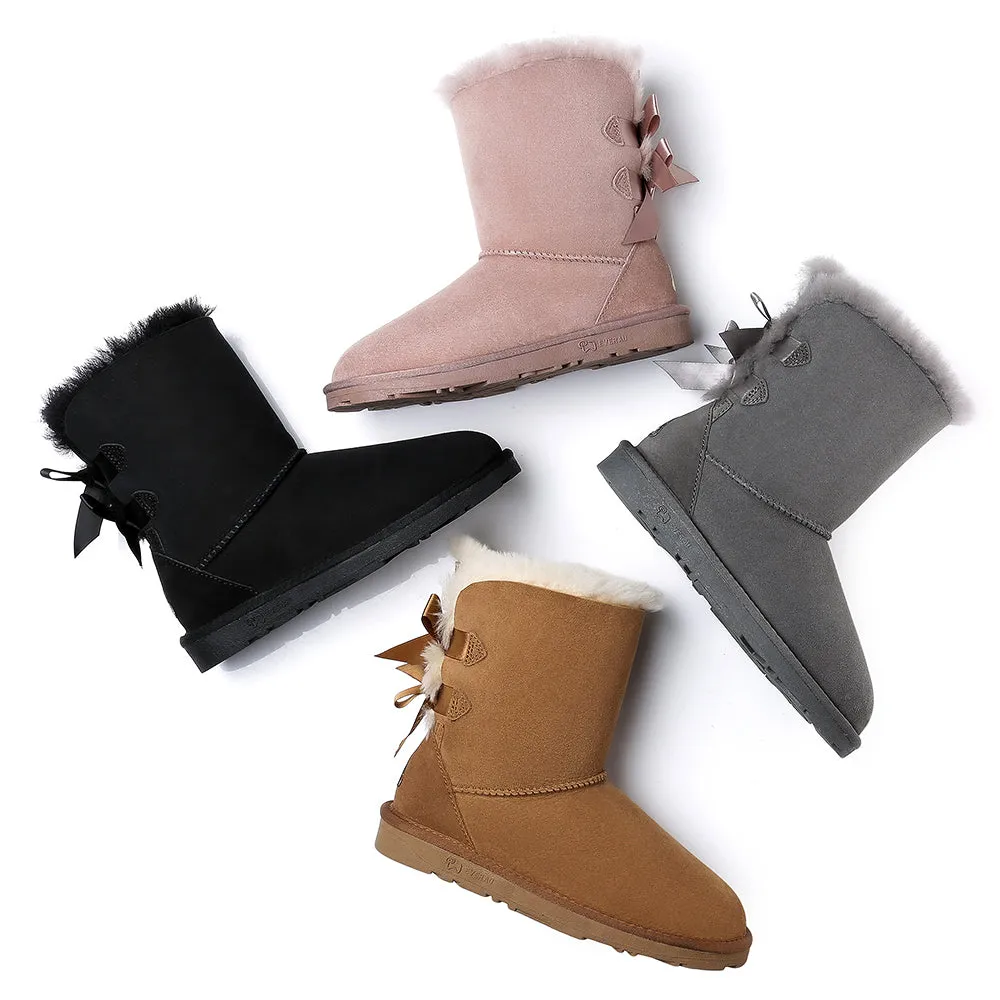 EVERAU® Double Baily Short Back Bow Sheepskin Women Boots #EA3044