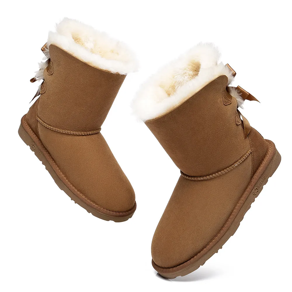 EVERAU® Double Baily Short Back Bow Sheepskin Women Boots #EA3044