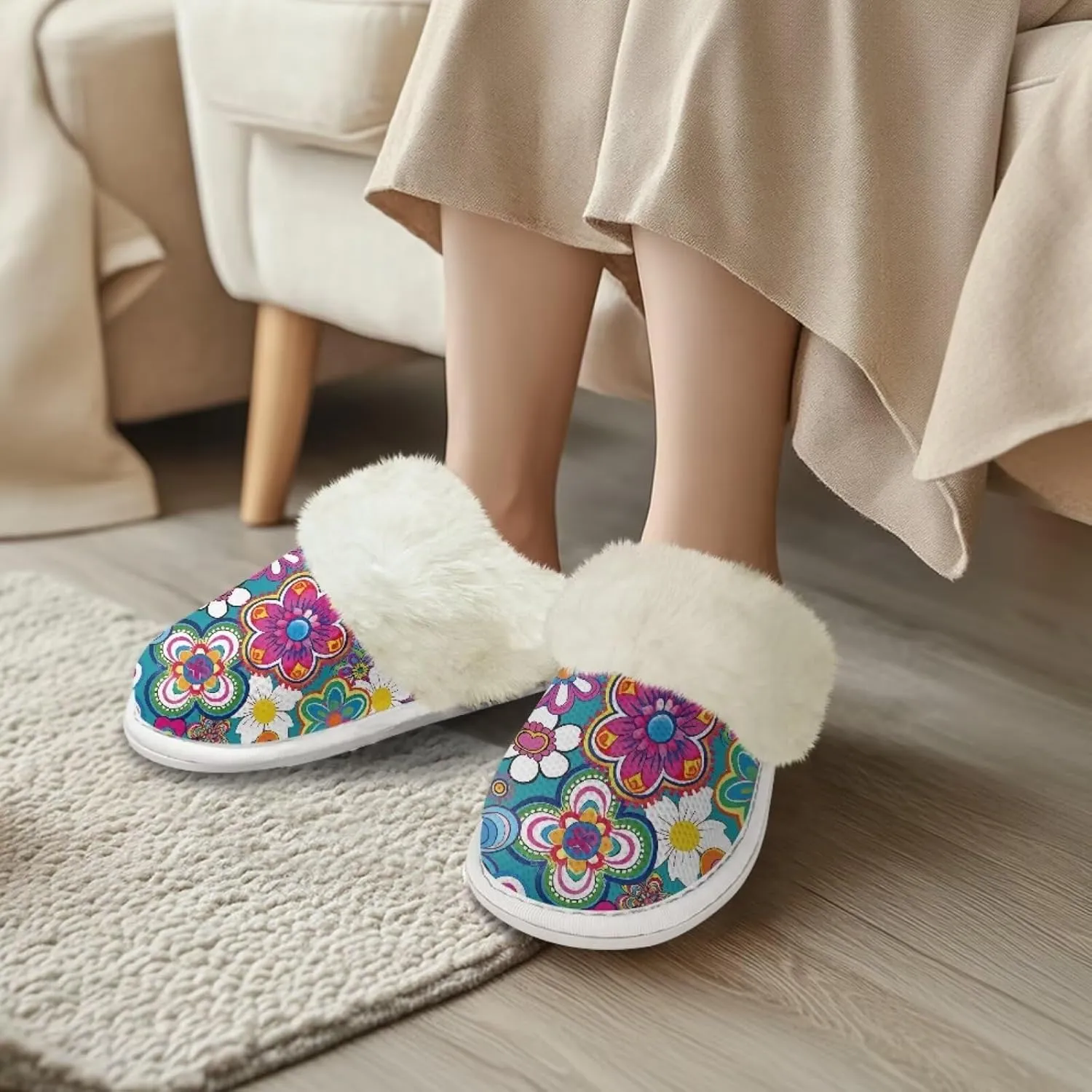 Flower Print Fluffy Slippers Lightweight Plush Flats Winter Fuzzy Slippers Anti-Skid for Home