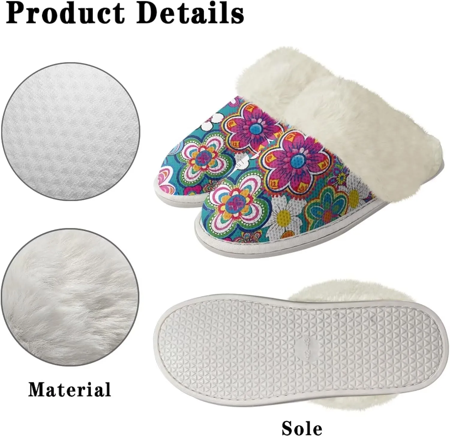 Flower Print Fluffy Slippers Lightweight Plush Flats Winter Fuzzy Slippers Anti-Skid for Home