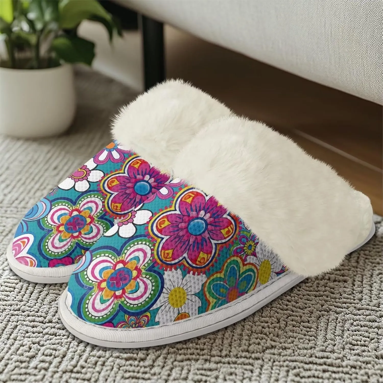 Flower Print Fluffy Slippers Lightweight Plush Flats Winter Fuzzy Slippers Anti-Skid for Home