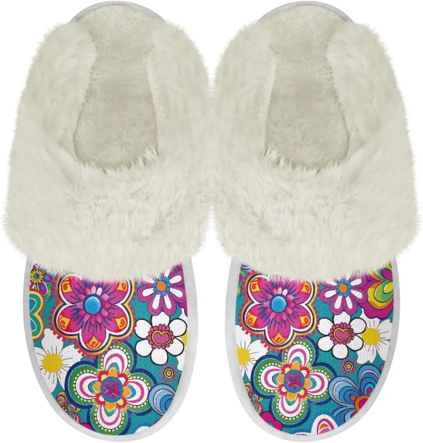 Flower Print Fluffy Slippers Lightweight Plush Flats Winter Fuzzy Slippers Anti-Skid for Home