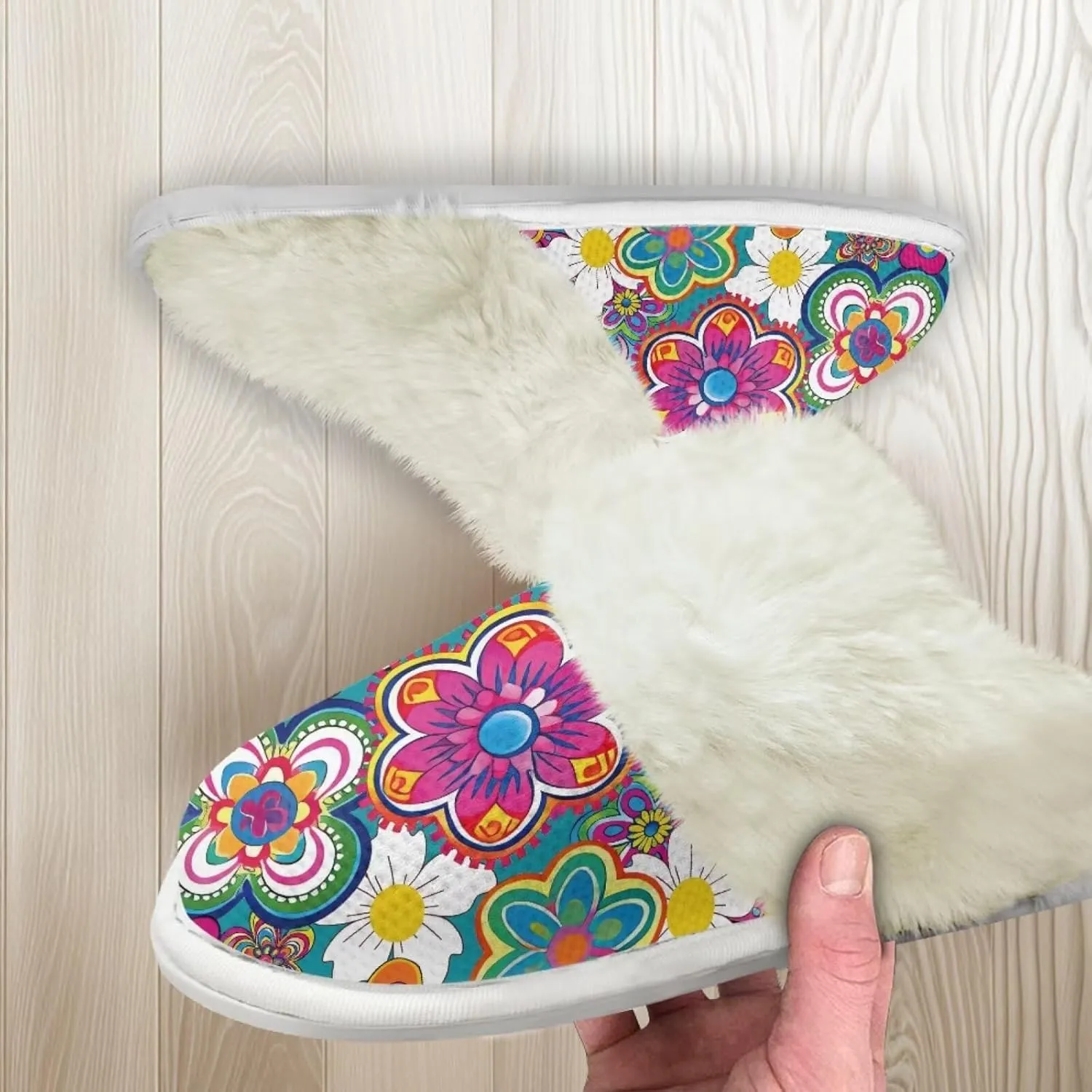 Flower Print Fluffy Slippers Lightweight Plush Flats Winter Fuzzy Slippers Anti-Skid for Home