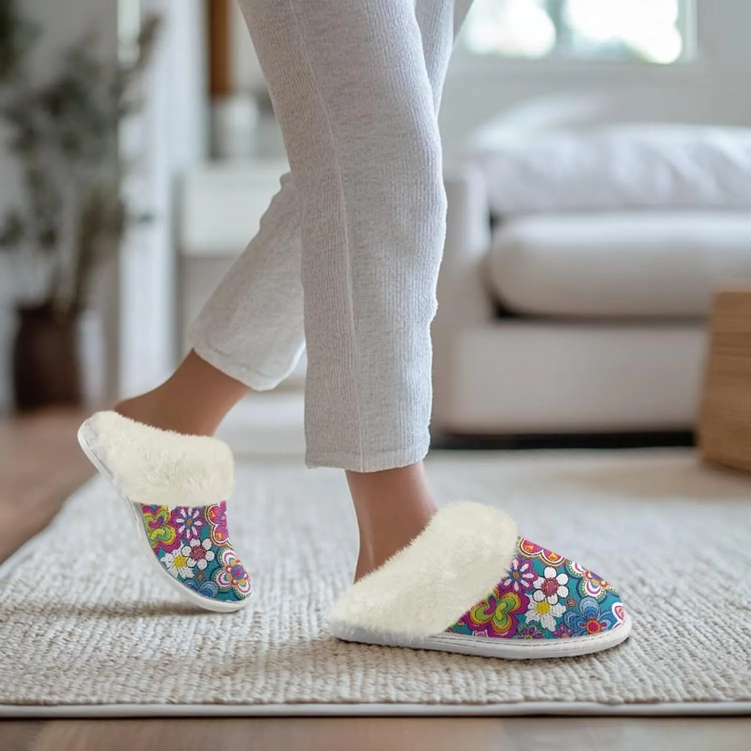 Flower Print Fluffy Slippers Lightweight Plush Flats Winter Fuzzy Slippers Anti-Skid for Home
