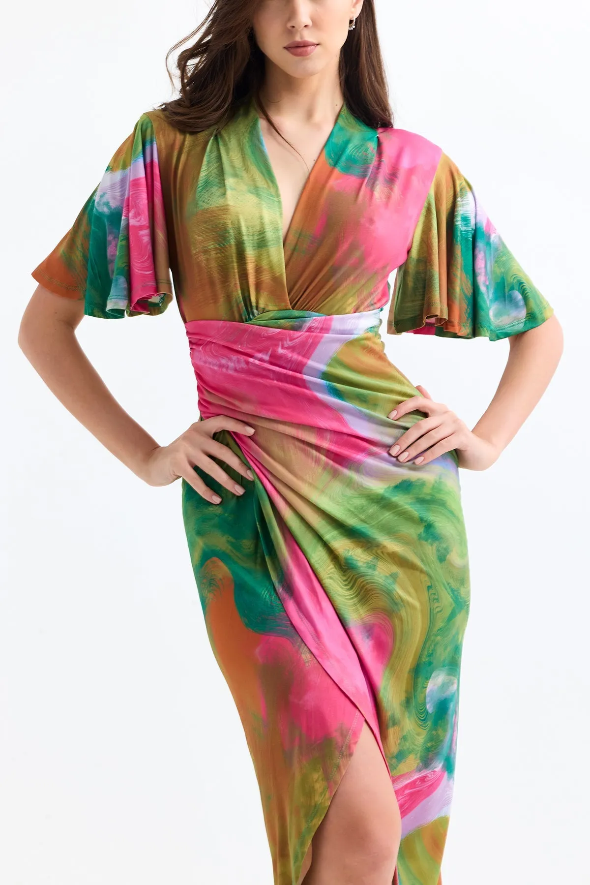 Forever Angel Sleeve Dress in Samui Green