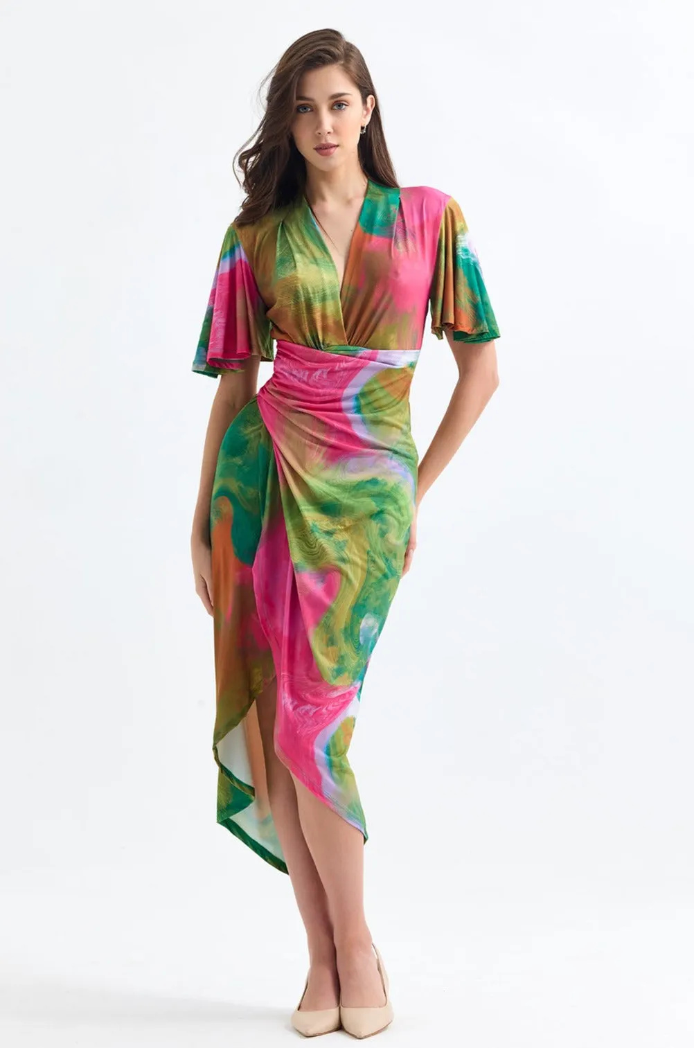 Forever Angel Sleeve Dress in Samui Green