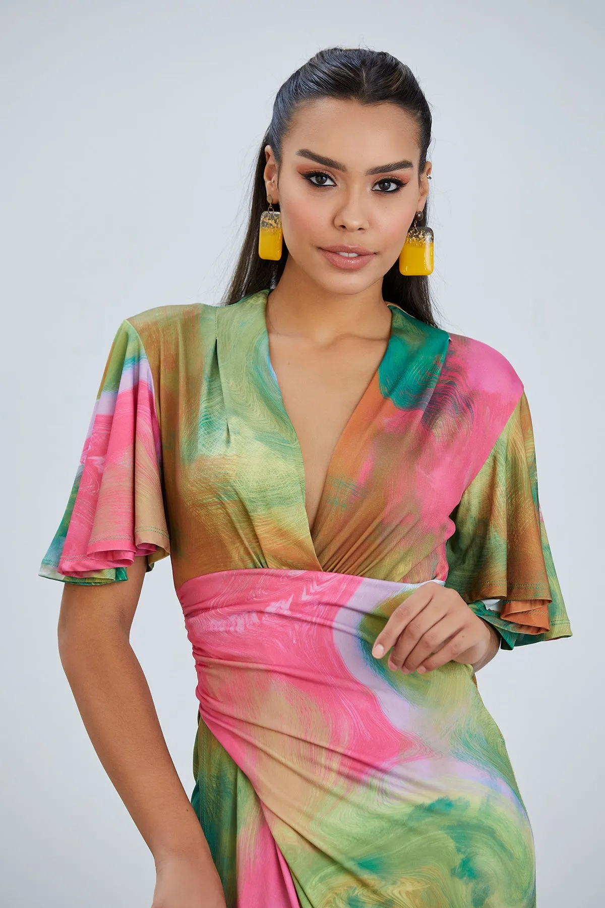 Forever Angel Sleeve Dress in Samui Green