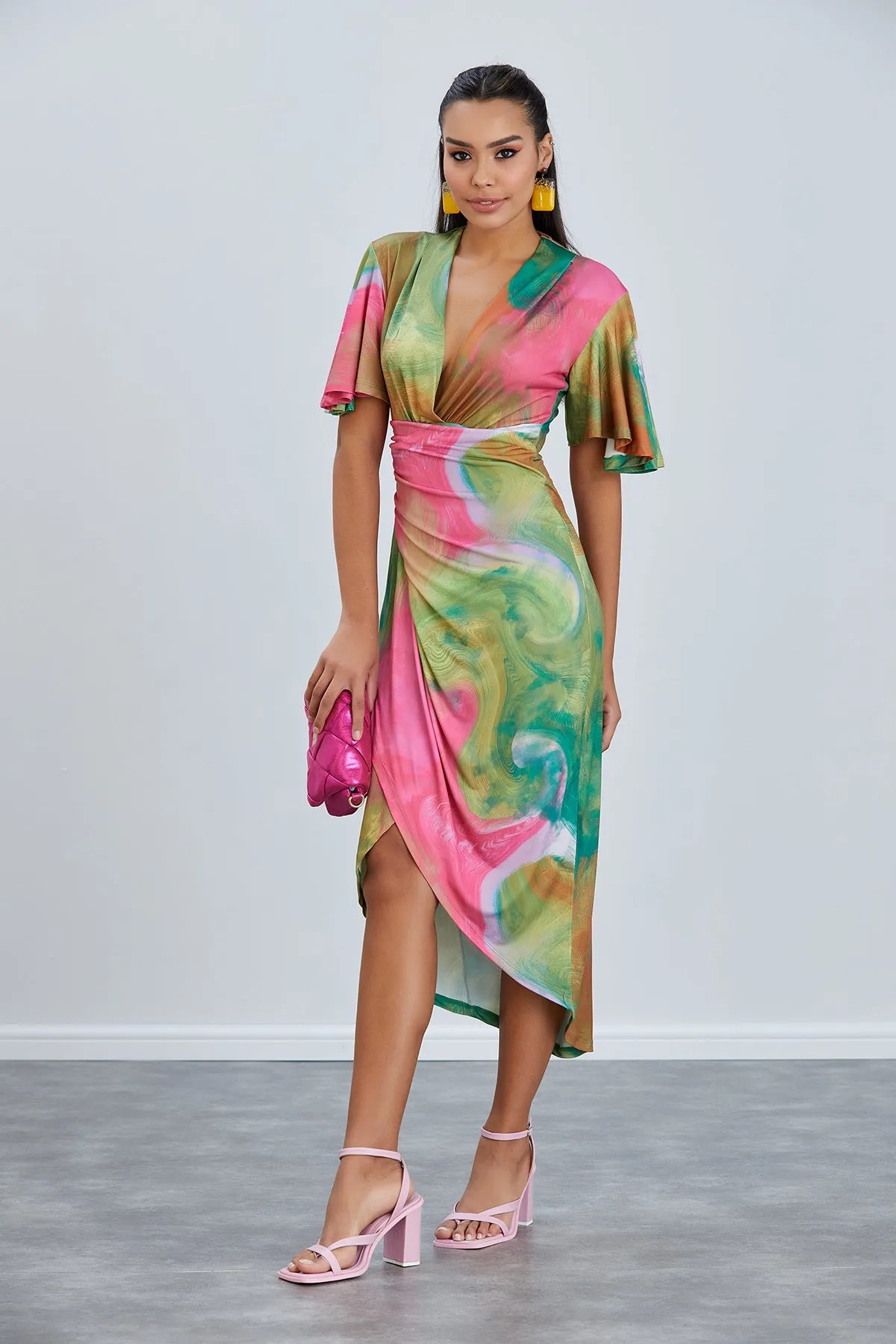 Forever Angel Sleeve Dress in Samui Green
