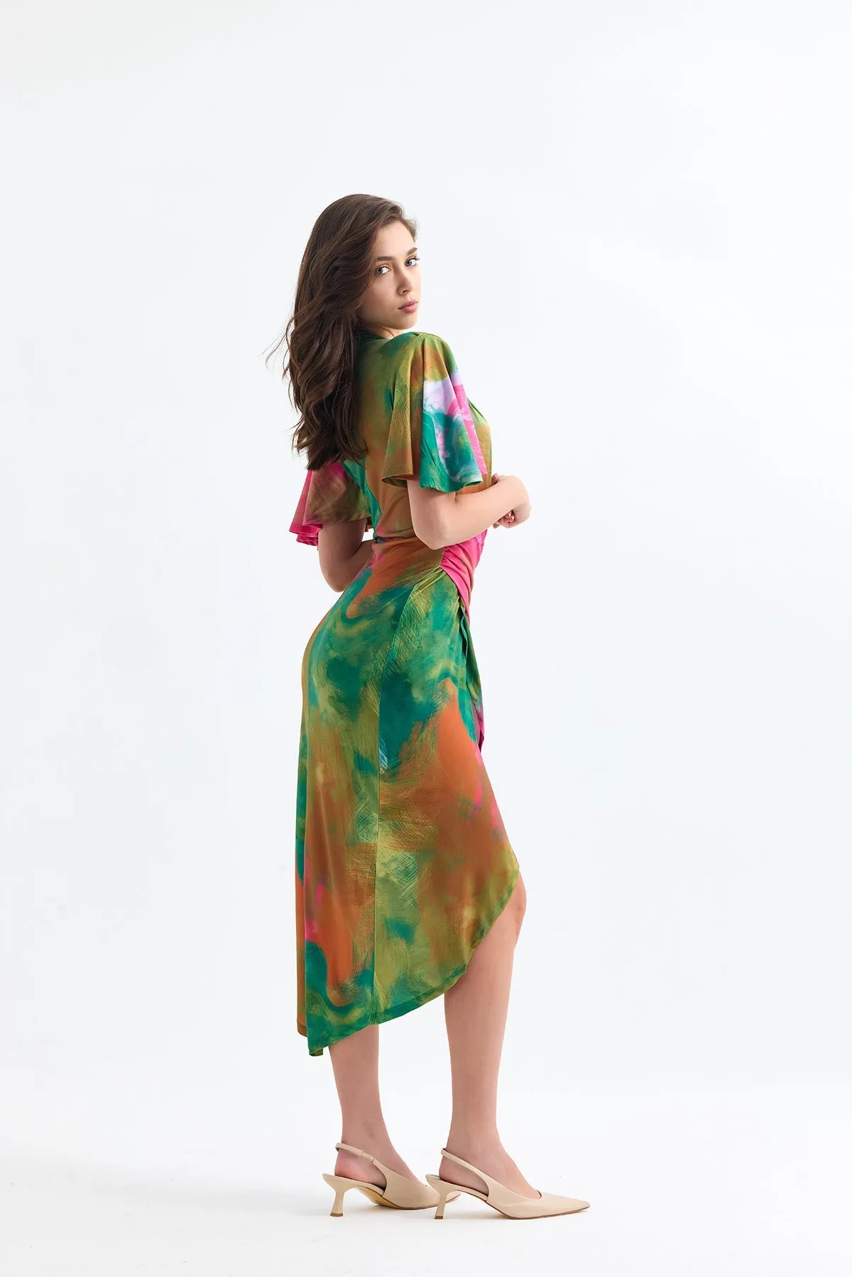 Forever Angel Sleeve Dress in Samui Green