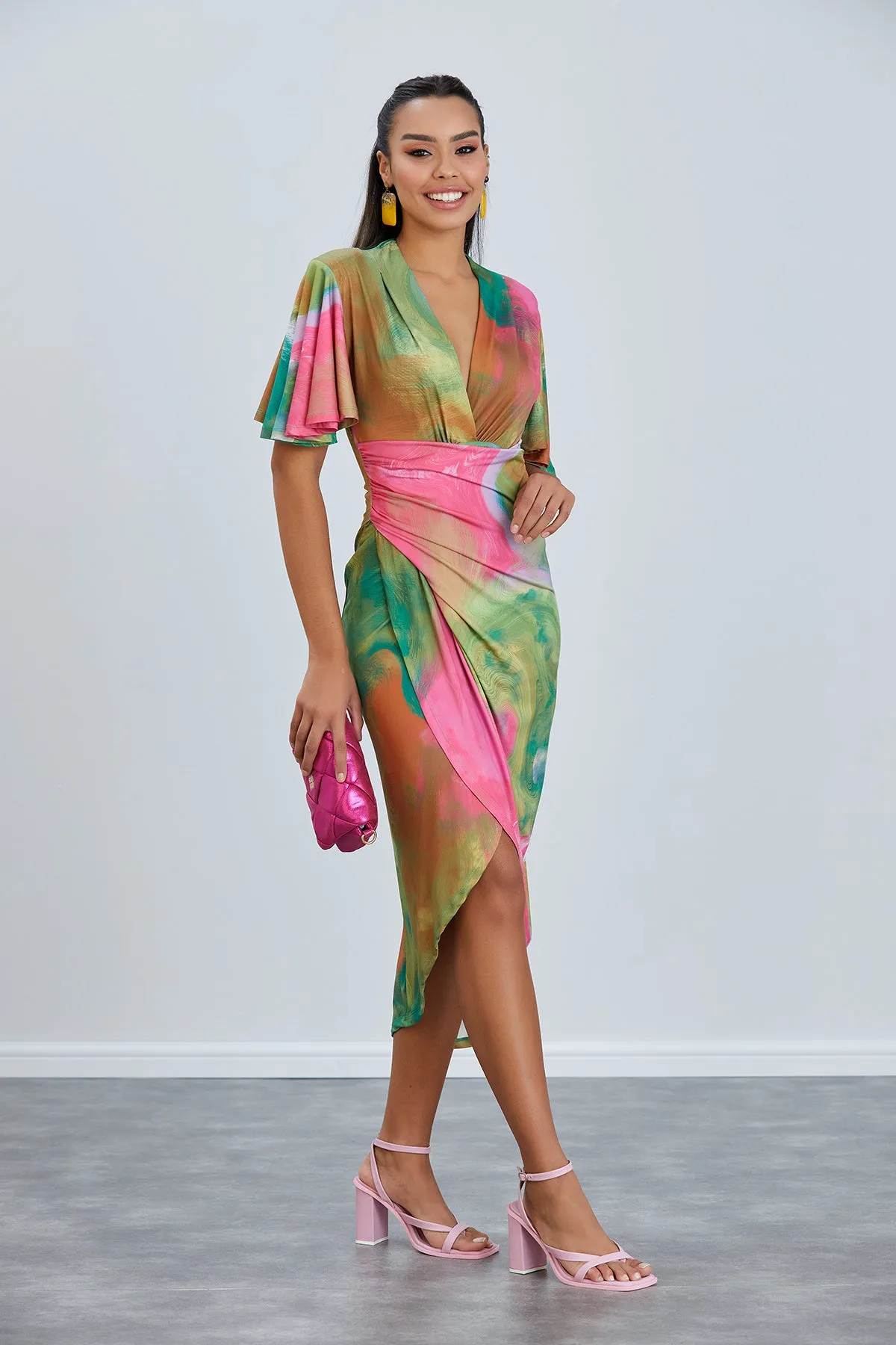 Forever Angel Sleeve Dress in Samui Green