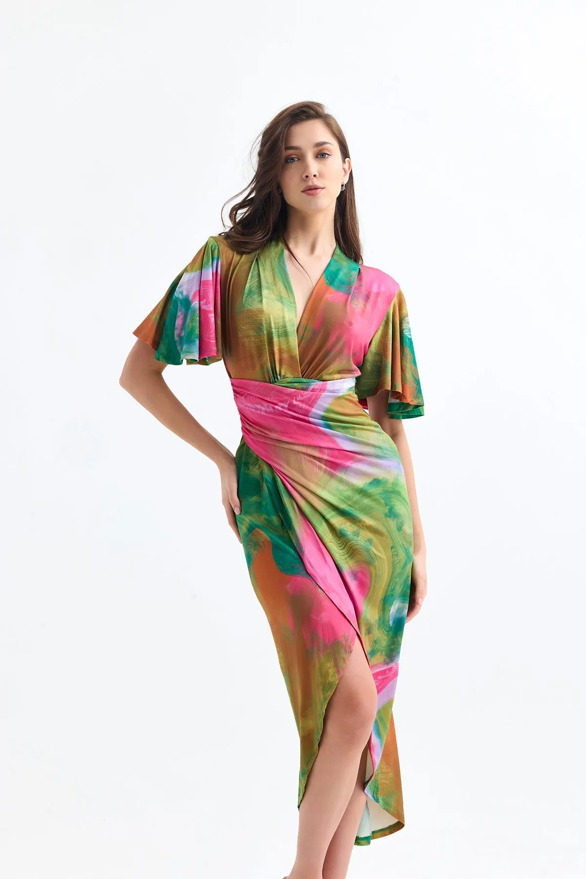 Forever Angel Sleeve Dress in Samui Green
