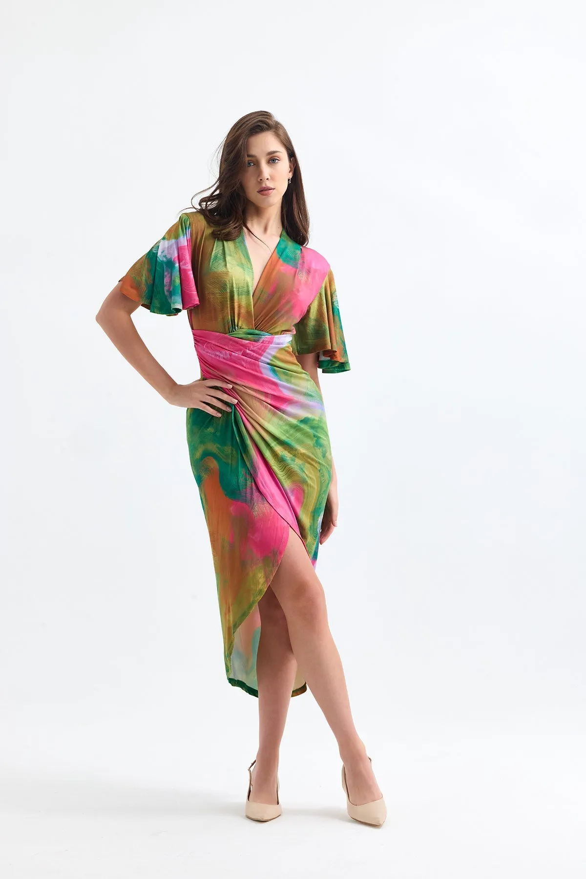 Forever Angel Sleeve Dress in Samui Green