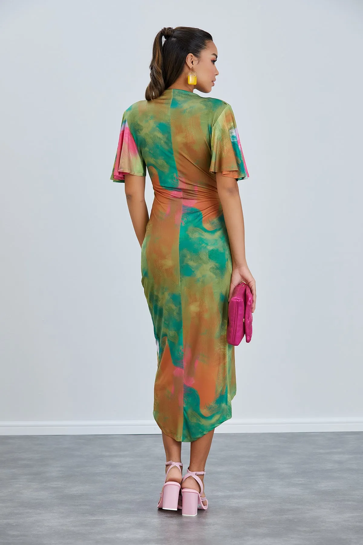 Forever Angel Sleeve Dress in Samui Green