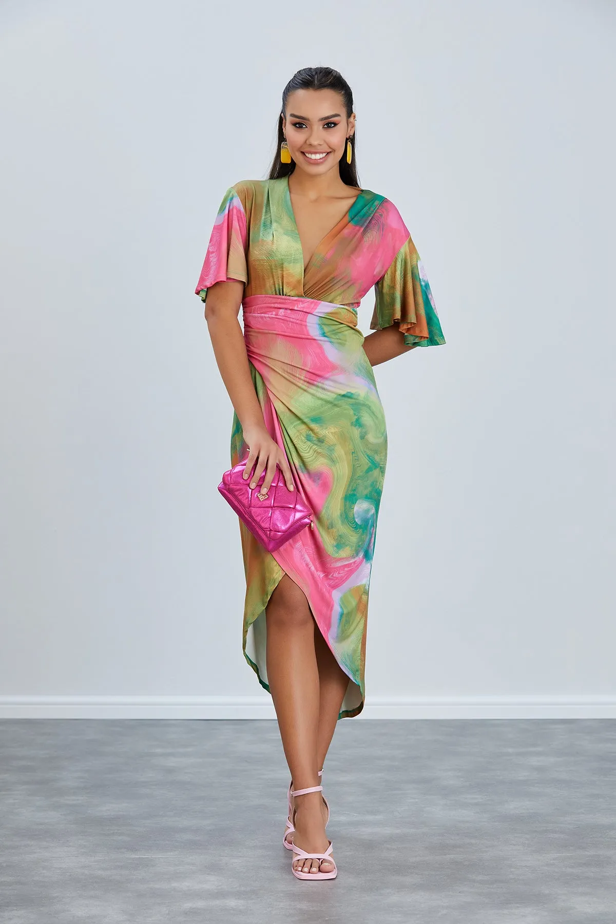 Forever Angel Sleeve Dress in Samui Green