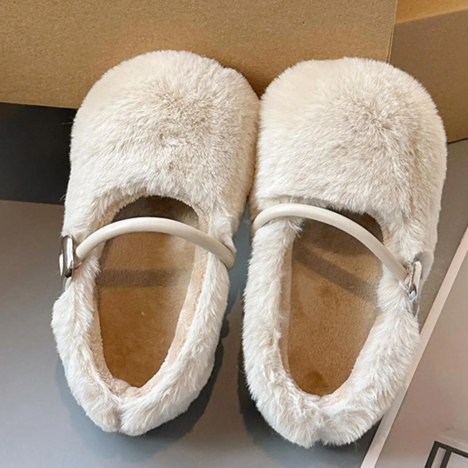 Fur Ballet Flats for Women, Faux Shearling Mary Janes with Buckle Strap Causal Daily Dress Ballerina Flat Shoes