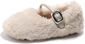 Fur Ballet Flats for Women, Faux Shearling Mary Janes with Buckle Strap Causal Daily Dress Ballerina Flat Shoes
