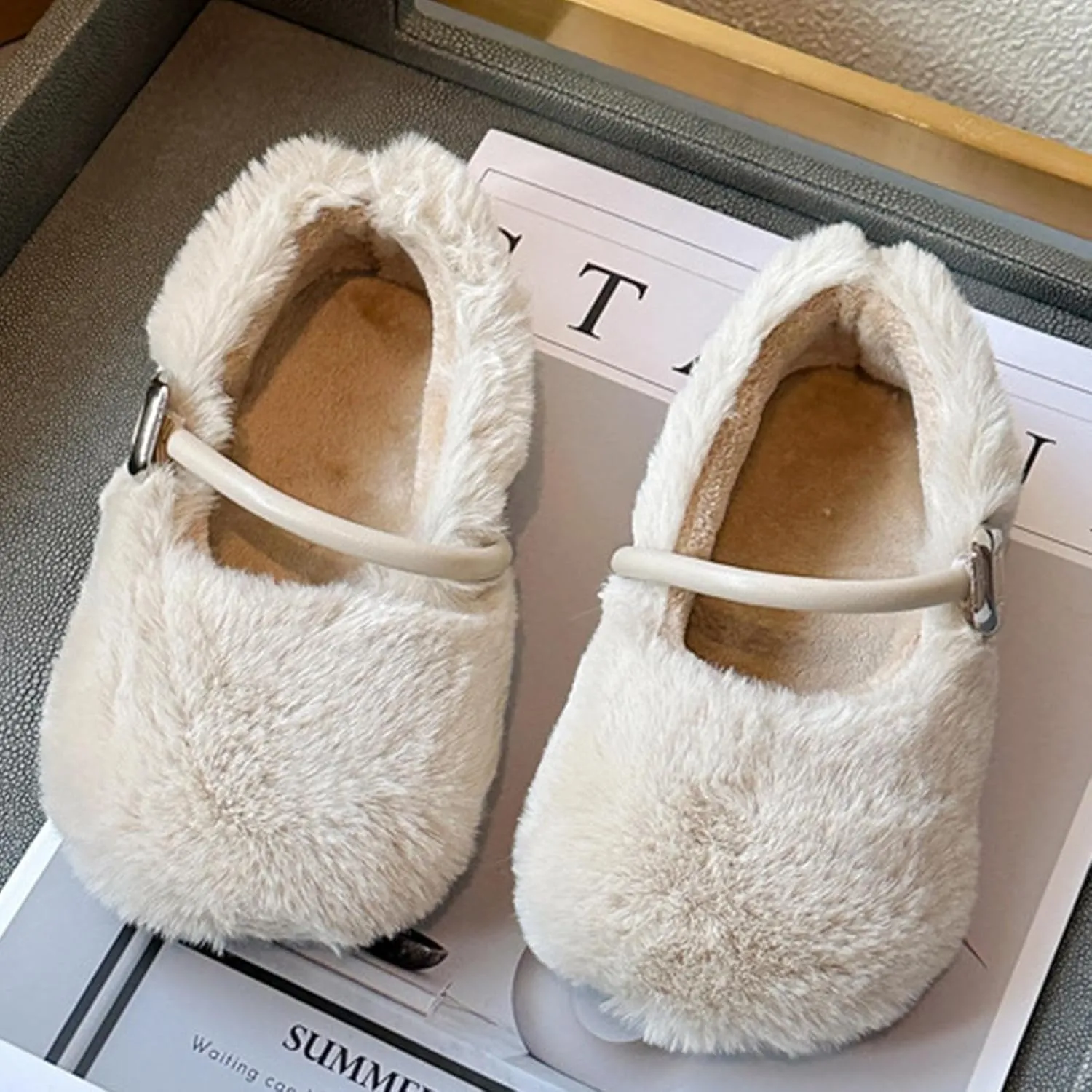 Fur Ballet Flats for Women, Faux Shearling Mary Janes with Buckle Strap Causal Daily Dress Ballerina Flat Shoes