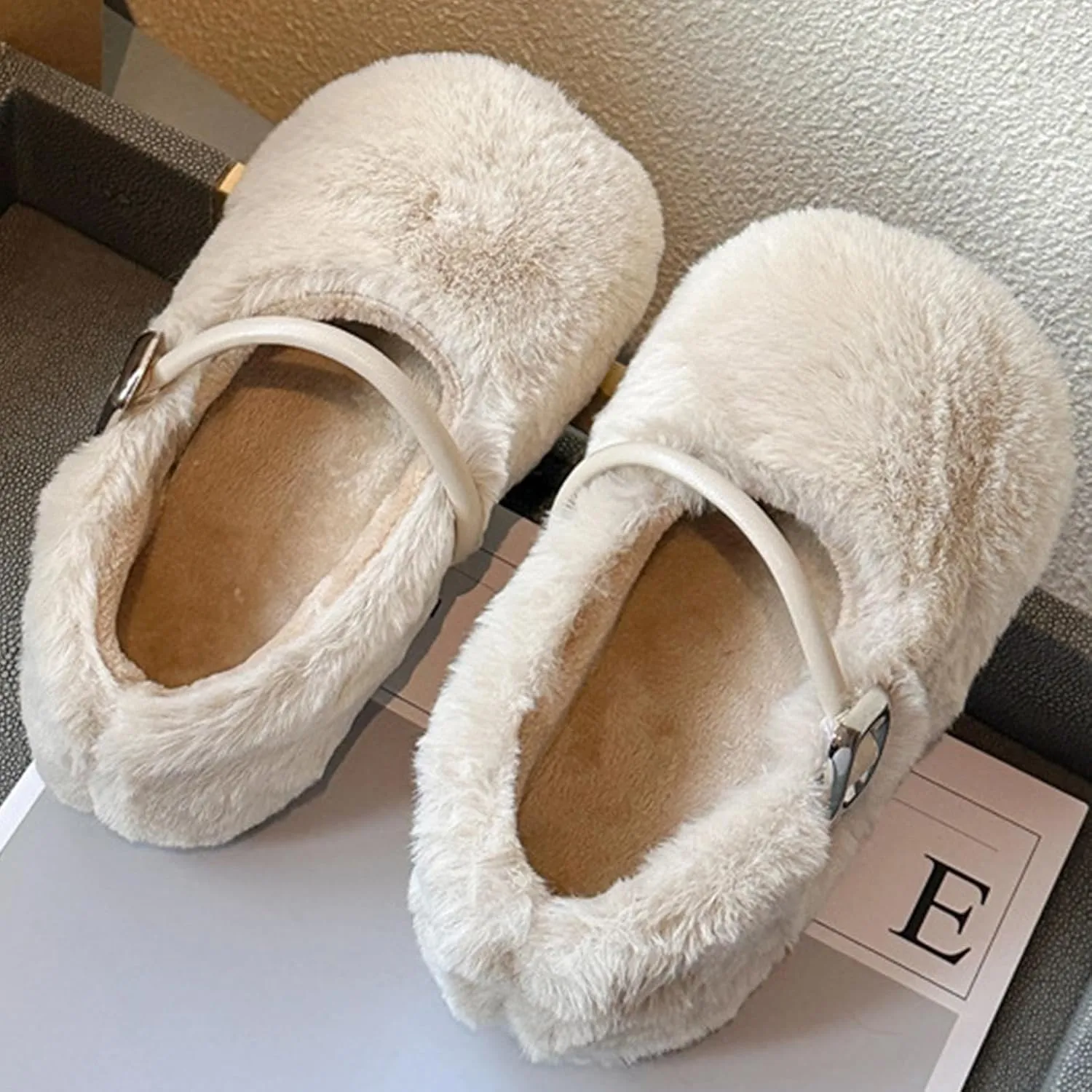 Fur Ballet Flats for Women, Faux Shearling Mary Janes with Buckle Strap Causal Daily Dress Ballerina Flat Shoes