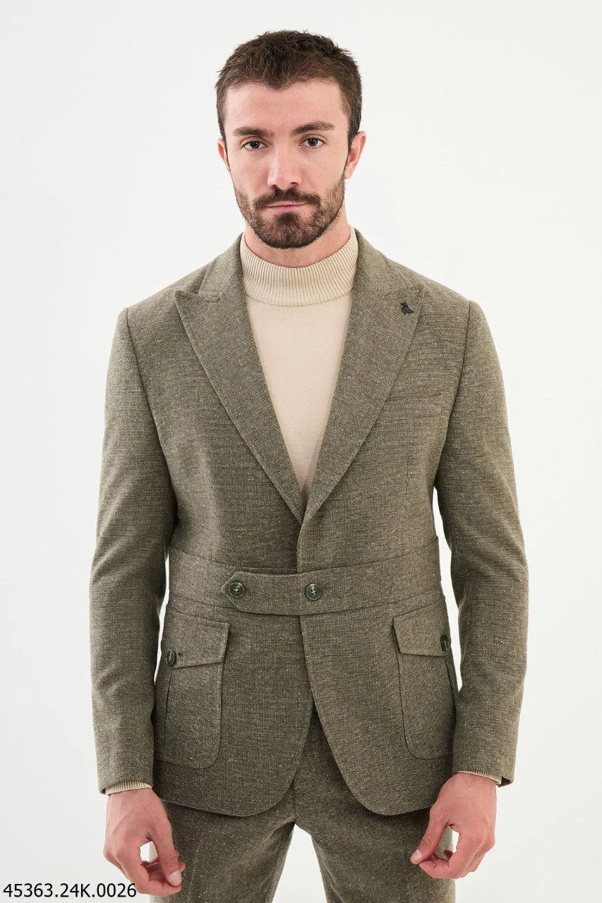 HolloMen Olive Green Single-Breasted Suit with Notch Lapel.