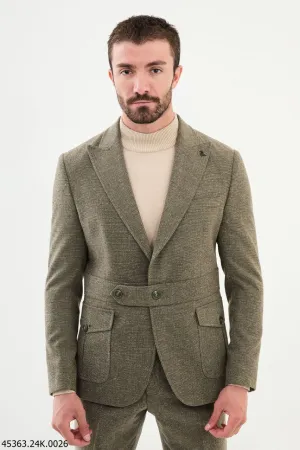 HolloMen Olive Green Single-Breasted Suit with Notch Lapel.
