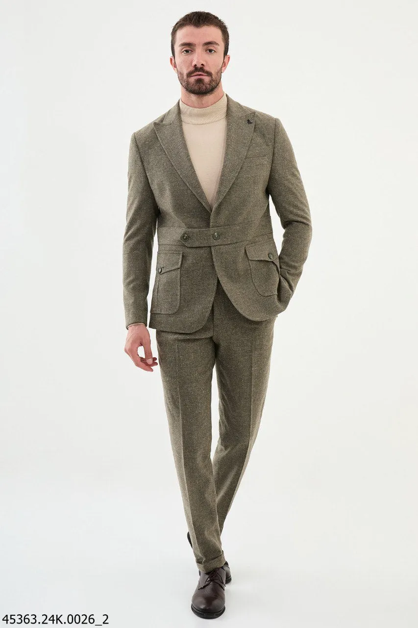 HolloMen Olive Green Single-Breasted Suit with Notch Lapel.