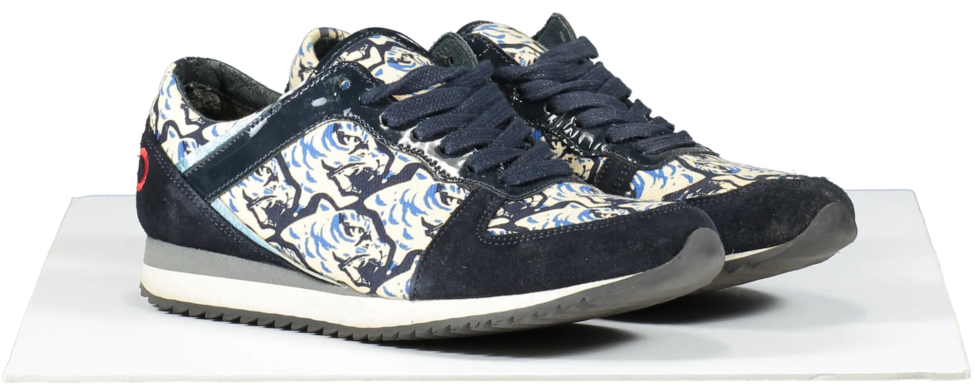Kenzo Blue Crosta Navy Tiger Print Suede Trainers UK 4 EU 37 