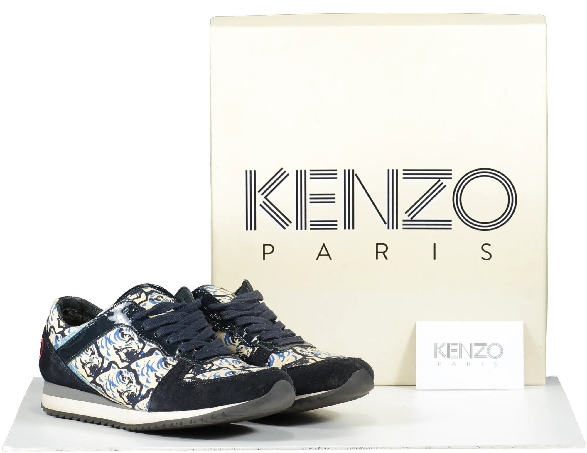 Kenzo Blue Crosta Navy Tiger Print Suede Trainers UK 4 EU 37 